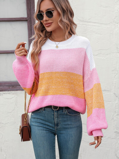 Women's Color Block Crew Neck Knit Fashion Sweater - Image 6