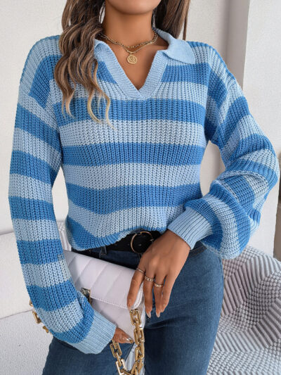 Casual Lapel Collar Contrast Stripe Long Sleeve Knit Pullover - Image 3