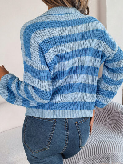 Casual Lapel Collar Contrast Stripe Long Sleeve Knit Pullover - Image 13