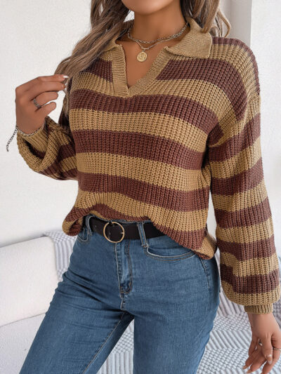 Casual Lapel Collar Contrast Stripe Long Sleeve Knit Pullover - Image 5