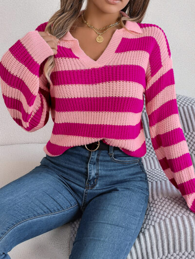 Casual Lapel Collar Contrast Stripe Long Sleeve Knit Pullover - Image 8