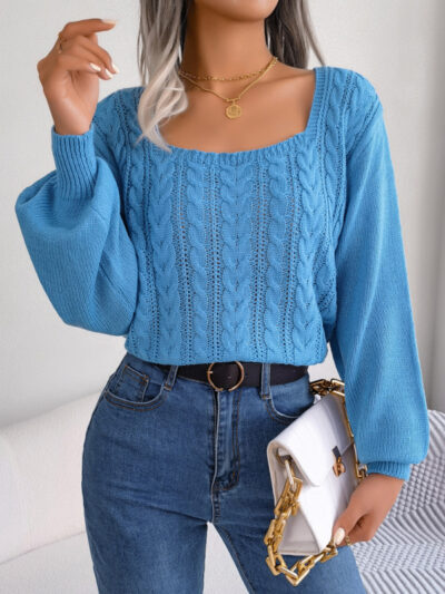 Casual square neck twist lantern sleeve pullover sweater - Image 3