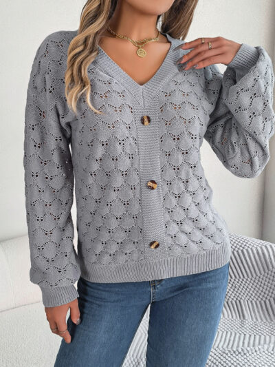 Casual V-neck buttoned hollow lantern sleeve pullover sweater - Image 3