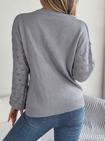 Casual V-neck buttoned hollow lantern sleeve pullover sweater - Image 15