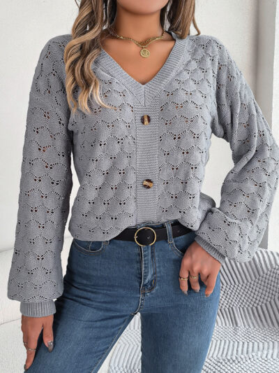 Casual V-neck buttoned hollow lantern sleeve pullover sweater - Image 14