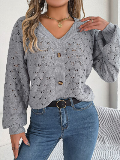 Casual V-neck buttoned hollow lantern sleeve pullover sweater - Image 13