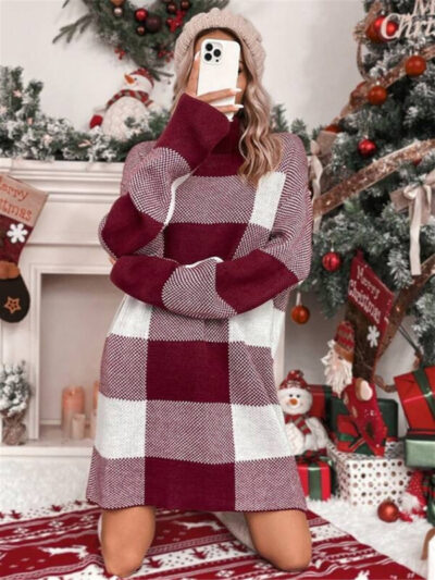 Christmas turtleneck loose slimming plaid contrast sweater dress - Image 5