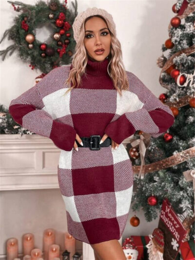 Christmas turtleneck loose slimming plaid contrast sweater dress - Image 3