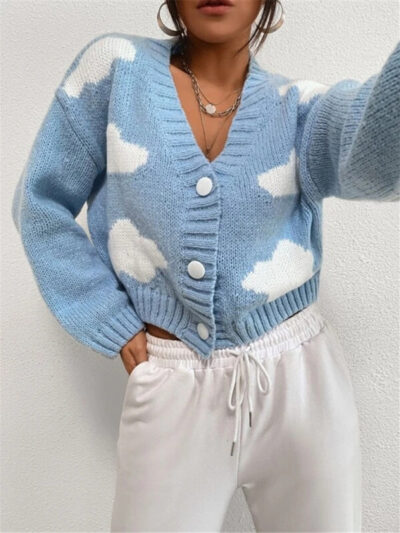 Loose V-neck cloud drop shoulder knitted cardigan three-button sweater short coat - Image 2