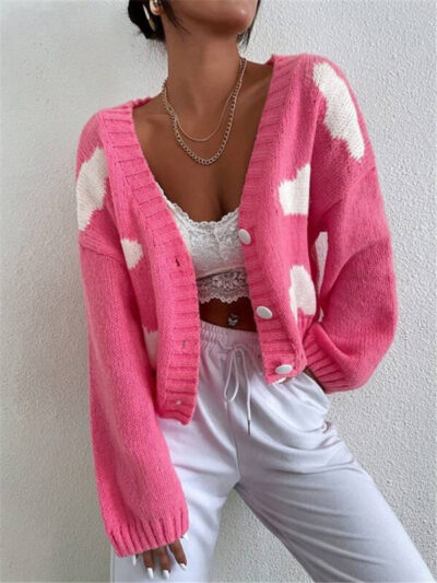 Loose V-neck cloud drop shoulder knitted cardigan three-button sweater short coat - Image 8