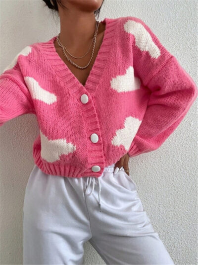 Loose V-neck cloud drop shoulder knitted cardigan three-button sweater short coat - Image 6