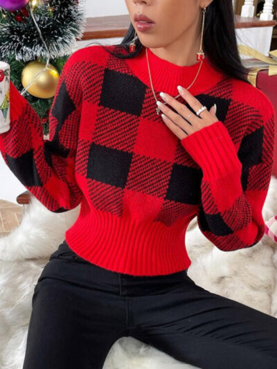 round neck loose jacquard plaid knitted sweater - Image 5