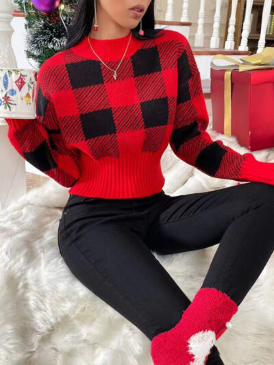 round neck loose jacquard plaid knitted sweater - Image 4