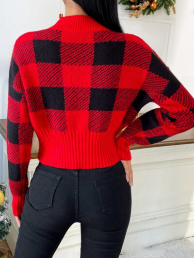 round neck loose jacquard plaid knitted sweater - Image 2