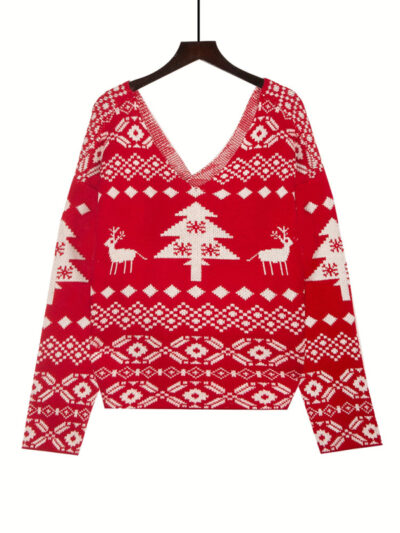 V-neck irregular backless off-shoulder Christmas snowflake pattern long-sleeved women's sweater - Image 4