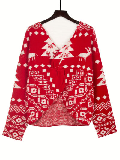 V-neck irregular backless off-shoulder Christmas snowflake pattern long-sleeved women's sweater - Image 5