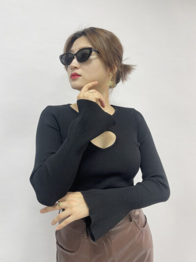 Women's Hollow Round Neck Bell Sleeve Knitted Top - Image 11