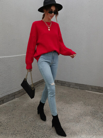 Women's Long Sleeve Thick Knitted Round Neck Twist Rope Top Sweater - Image 6