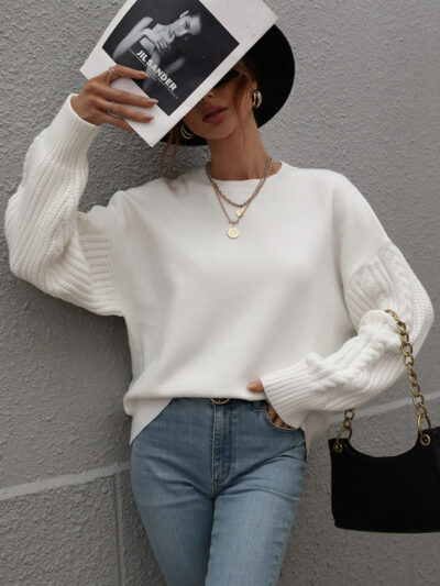 Women's Long Sleeve Thick Knitted Round Neck Twist Rope Top Sweater - Image 3