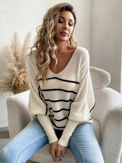 Women's casual loose striped V-neck long-sleeved woolen top - Image 3