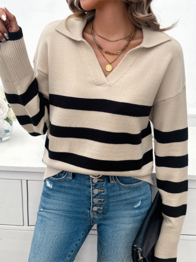 Women's casual loose contrast color lapel sweater top - Image 8