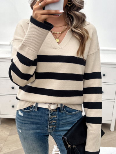 Women's casual loose contrast color lapel sweater top - Image 6