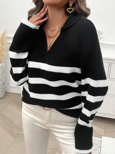 Women's casual loose contrast color lapel sweater top - Image 3