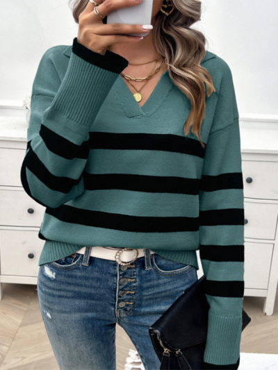 Women's casual loose contrast color lapel sweater top - Image 20