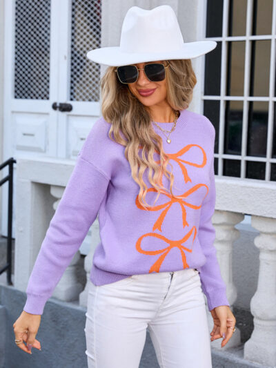 Women's Contrast Bow Long Sleeve Sweater - Image 11