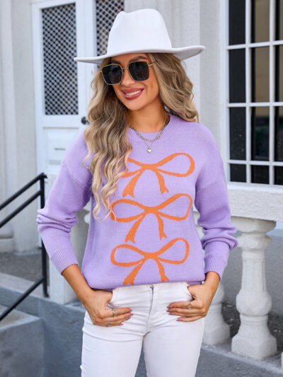 Women's Contrast Bow Long Sleeve Sweater - Image 10