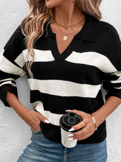 Women's loose tops black and white striped lapel sweaters - Image 2