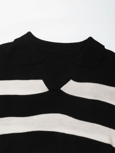 Women's loose tops black and white striped lapel sweaters - Image 3