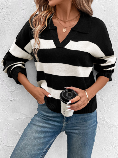 Women's loose tops black and white striped lapel sweaters