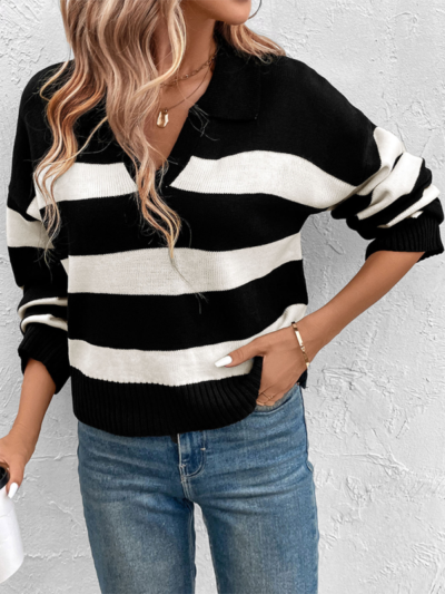 Women's loose tops black and white striped lapel sweaters - Image 4