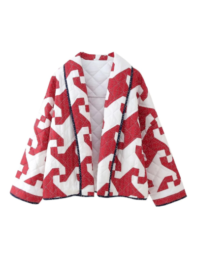 Red Geometric Printed Cotton Jacket - Image 5