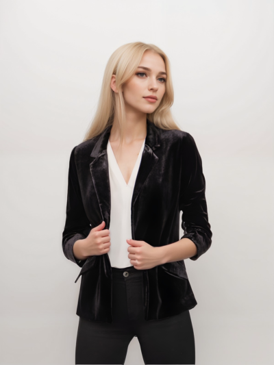 Velvet Slant Pocket Lapel Long Sleeve Blazer