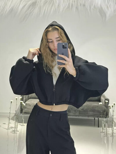 Women's Solid Color Hoodie Long Sleeve Cropped Jacket - Image 6