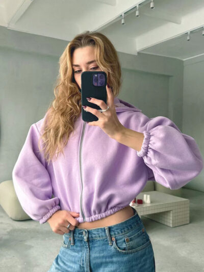 Women's Solid Color Hoodie Long Sleeve Cropped Jacket - Image 15