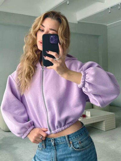 Women's Solid Color Hoodie Long Sleeve Cropped Jacket - Image 16