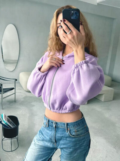 Women's Solid Color Hoodie Long Sleeve Cropped Jacket - Image 4