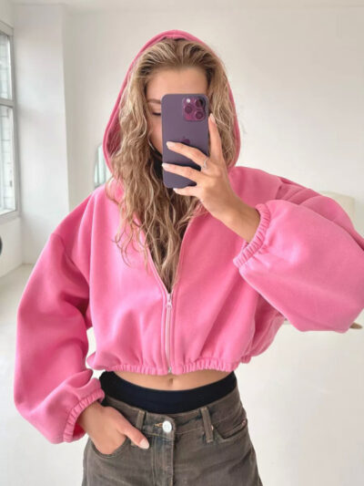 Women's Solid Color Hoodie Long Sleeve Cropped Jacket - Image 5