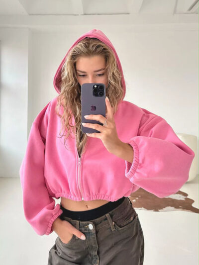 Women's Solid Color Hoodie Long Sleeve Cropped Jacket - Image 19