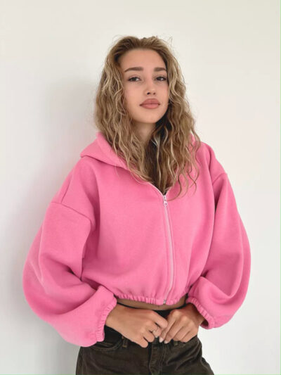 Women's Solid Color Hoodie Long Sleeve Cropped Jacket - Image 17