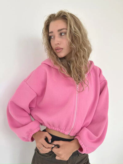 Women's Solid Color Hoodie Long Sleeve Cropped Jacket - Image 18