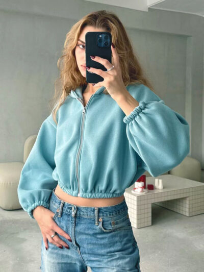 Women's Solid Color Hoodie Long Sleeve Cropped Jacket - Image 3