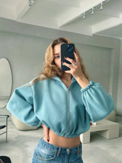 Women's Solid Color Hoodie Long Sleeve Cropped Jacket - Image 13