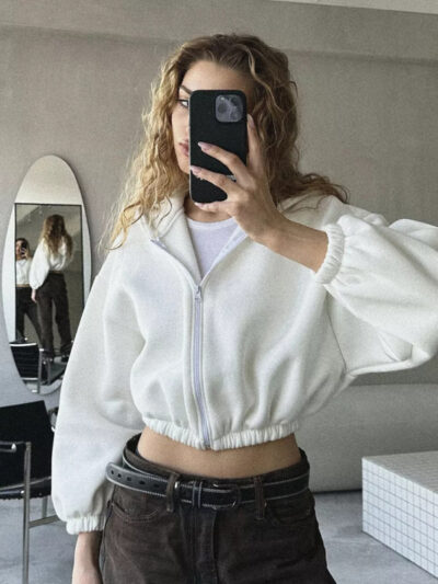 Women's Solid Color Hoodie Long Sleeve Cropped Jacket - Image 9