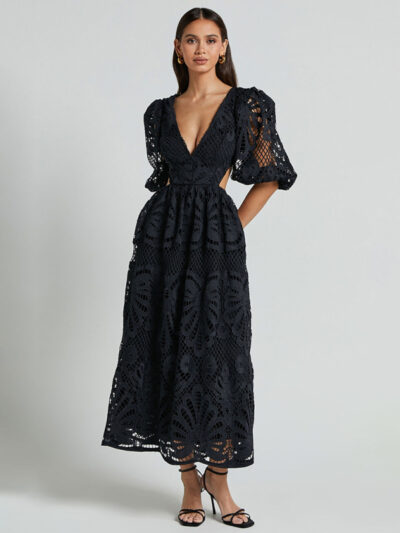 V-neck Lace Embroidery Waist-baring Dress - Image 4