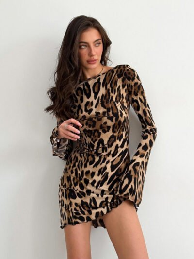 Round neck long sleeve leopard print dress