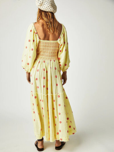 Embroidered square collar sunflower light yellow dress - Image 3